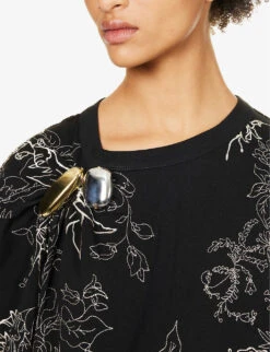 Dries Van Noten Brooch-embellished Floral-print Cotton T-shirt -Ted Baker Store R04180735 BLACK ALT04