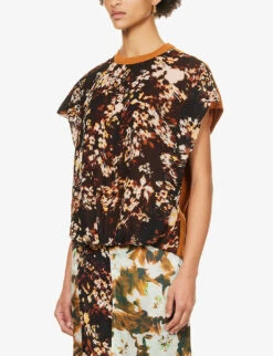 Dries Van Noten Floral-print Contrasting-back Cotton-blend T-shirt -Ted Baker Store R04180736 RUST ALT02