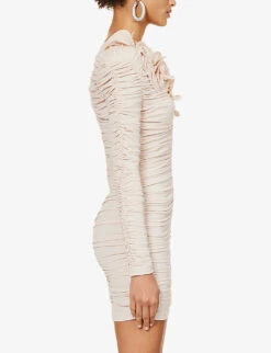 Magda Butrym Ruched-design Ruffle-trim Stretch-woven Mini Dress -Ted Baker Store R04183239 BEIGE ALT02