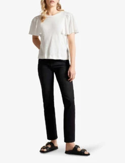 Ted Baker Hallenn Ruffle-sleeve Regular-fit Cotton-linen Blend T-shirt -Ted Baker Store R04186855 WHITE ALT01