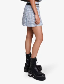 Maje Jolinete Branded-button Pleated Tweed Mini Skirt -Ted Baker Store R04190251 BLEUS ALT02