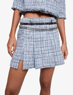 Maje Jolinete Branded-button Pleated Tweed Mini Skirt -Ted Baker Store R04190251 BLEUS ALT04