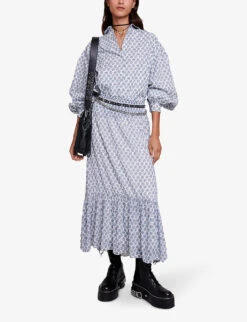 Maje Jachelona Monogram-print Ruffle-trim Woven Midi Skirt -Ted Baker Store R04190314 IMPRIME ALT01