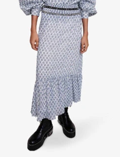 Maje Jachelona Monogram-print Ruffle-trim Woven Midi Skirt -Ted Baker Store R04190314 IMPRIME ALT02