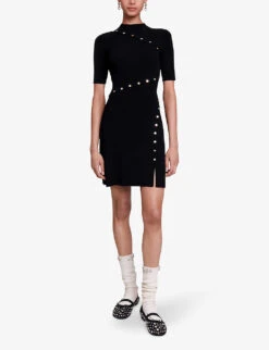 Maje Rellier Button-embellished Short-sleeve Stretch-knit Mini Dress 8 Maje Rellier Button-embellished Short-sleeve Stretch-knit Mini Dress -Ted Baker Store R04190336 NOIRGRIS ALT01