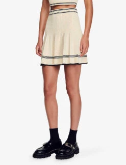 Sandro Fable Contrast-band Pleated Stretch-knit Mini Skirt 8 Sandro Fable Contrast-band Pleated Stretch-knit Mini Skirt -Ted Baker Store R04194629 NATURELS ALT02