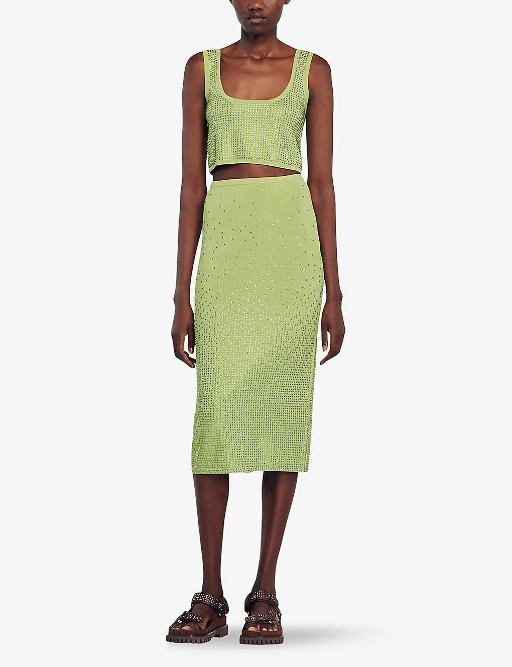 Sandro Manray Rhinestone-embellished High-rise Woven Midi Skirt 4 Sandro Manray Rhinestone-embellished High-rise Woven Midi Skirt - Image 2