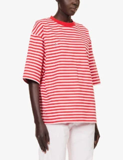 Stripe-pattern Brand-embroidered Recycled-cotton T-shirt -Ted Baker Store R04202683 RED ALT02