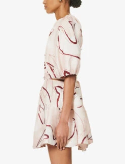 Psychedelia Puff-sleeve Linen-blend Mini Dress 9 Psychedelia Puff-sleeve Linen-blend Mini Dress -Ted Baker Store R04204005 WHIMSICALDOVE ALT02