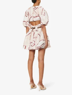 Psychedelia Puff-sleeve Linen-blend Mini Dress 10 Psychedelia Puff-sleeve Linen-blend Mini Dress -Ted Baker Store R04204005 WHIMSICALDOVE ALT03